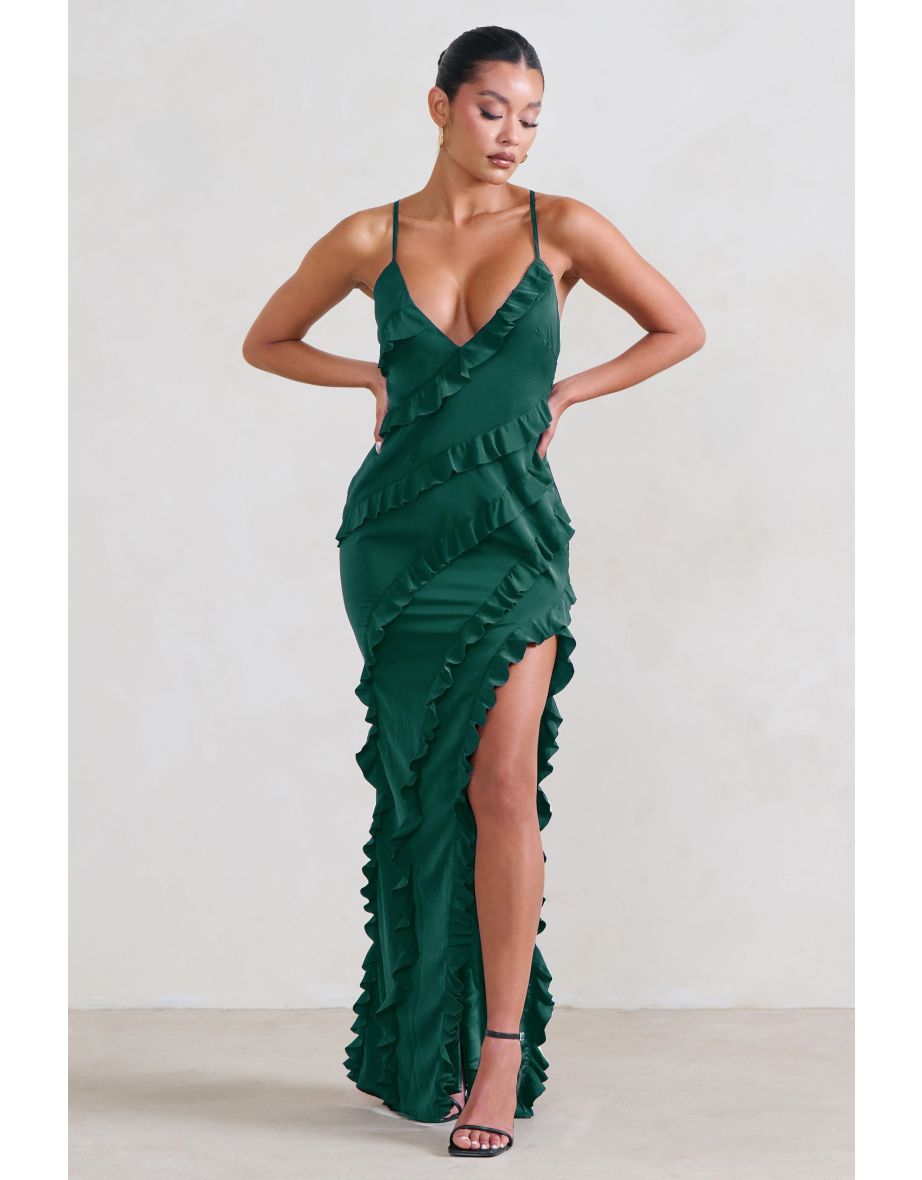 Run The World | Bottle Green Sweetheart Neckline Ruffle Maxi Dress - 4