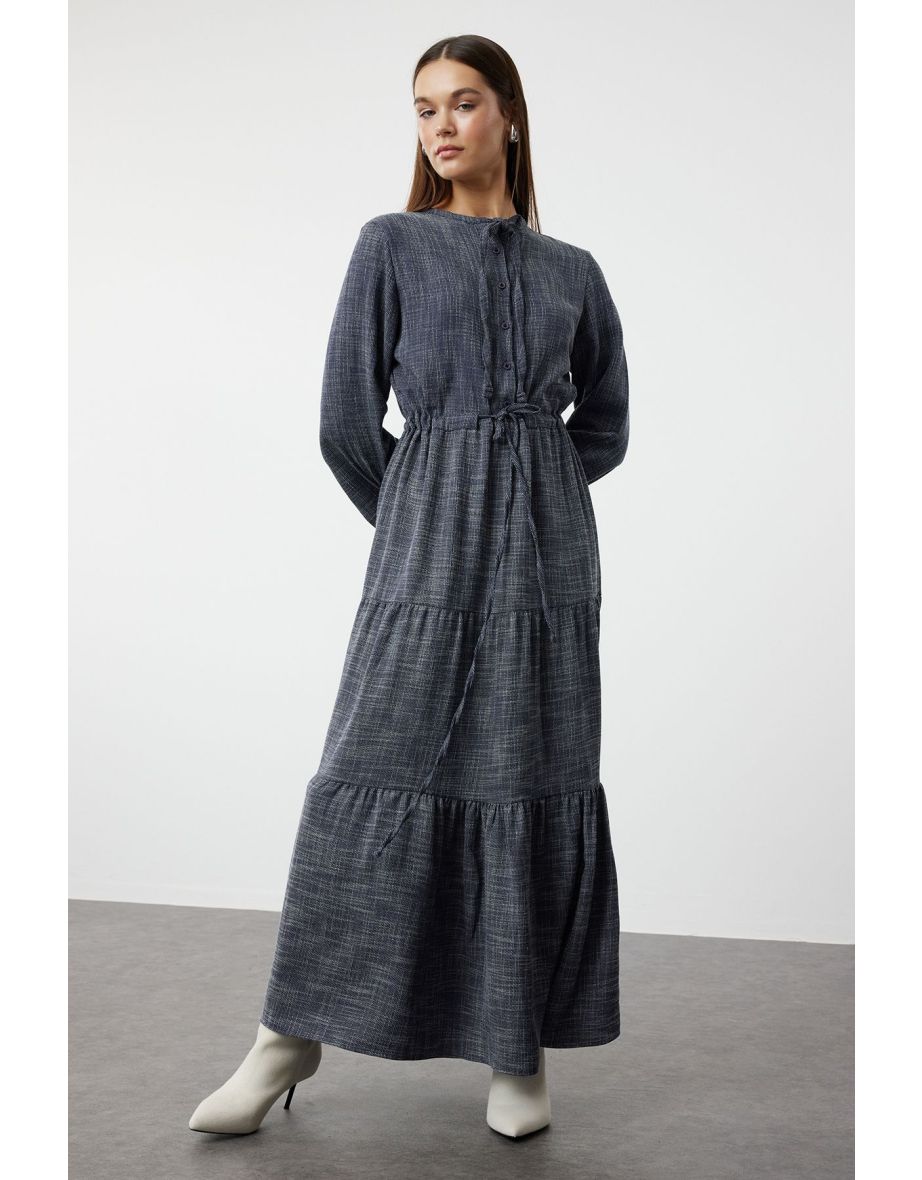 Navy Blue Lace Up Unlined Plain Woven Polyviscon Hijab Dress