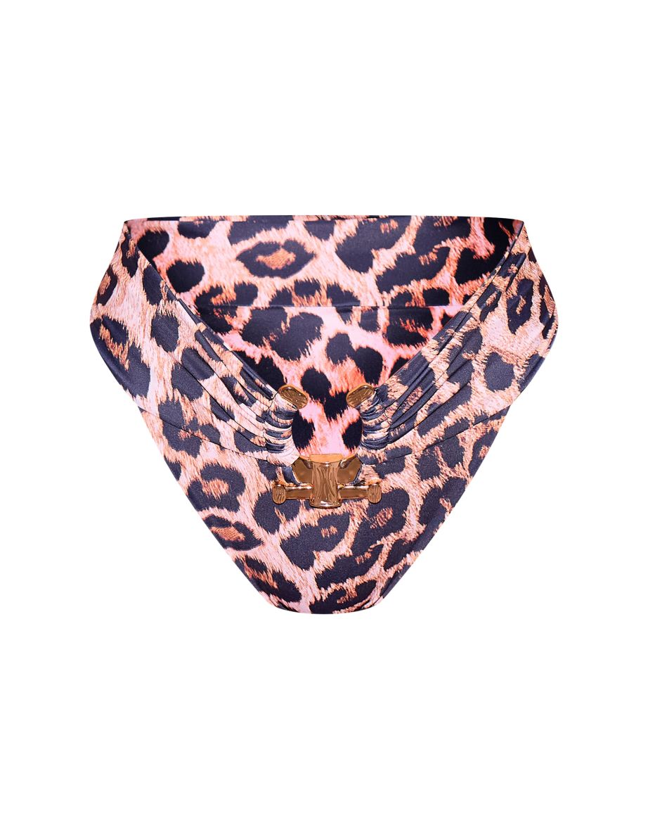 Leopard Print Hammered Trim High Waist Bikini Bottoms - 4