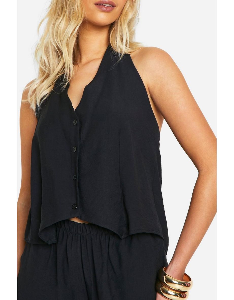 Linen Look Relaxed Fit Tie Back Waistcoat - black - 3