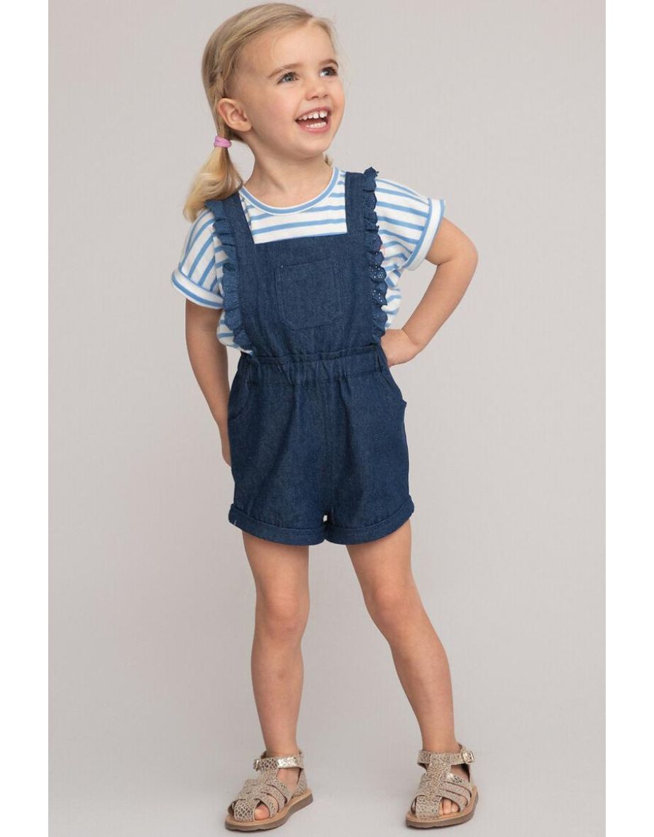 Light Denim Dungaree Shorts with Ruffled Straps