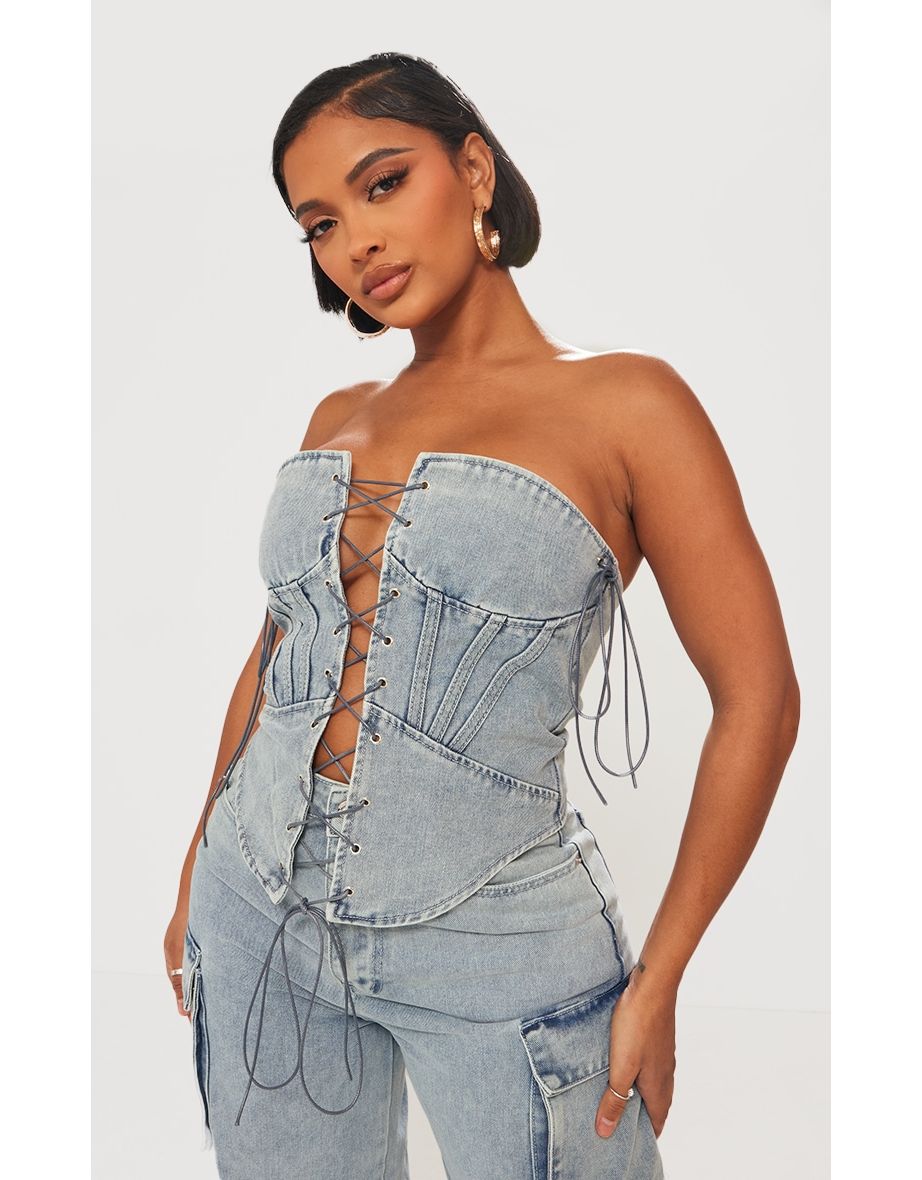 Shape Light Blue Wash Denim Lace Up Front Corset