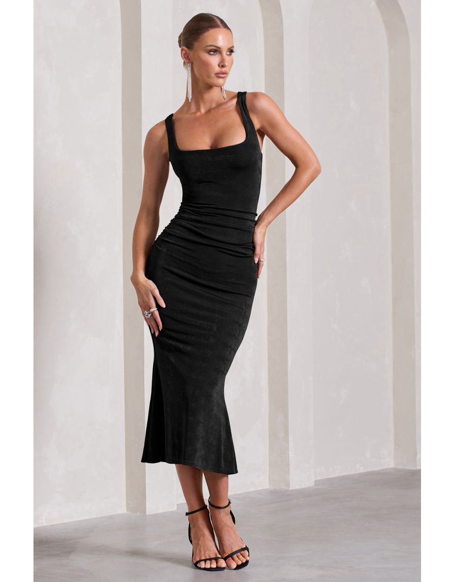 Evora | Black Ruched Square-Neck Fishtail Dress - 4