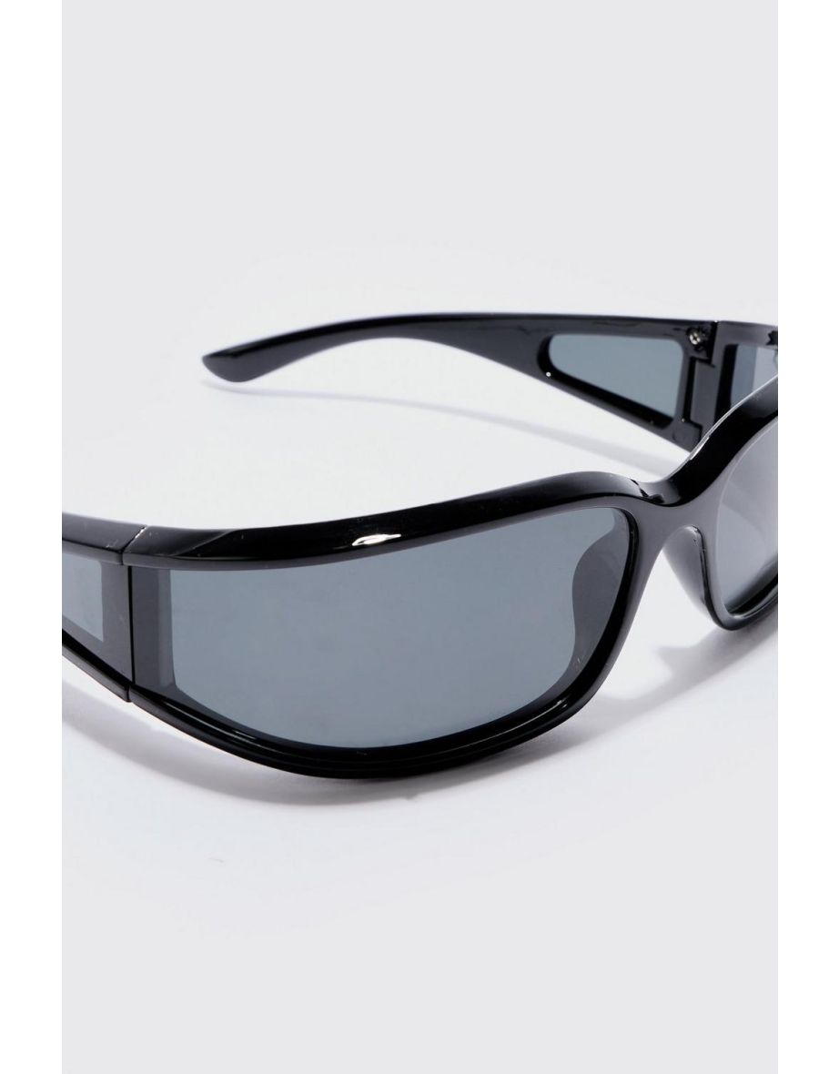 Wrap Around Rectangle Sunglasses In Black - black - 3