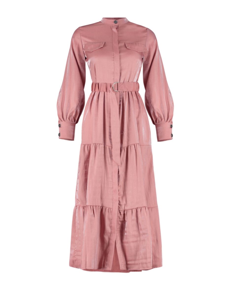 Pale Pink Shiny Satin Belt Detailed Skirt Frilly Woven Dress - 7