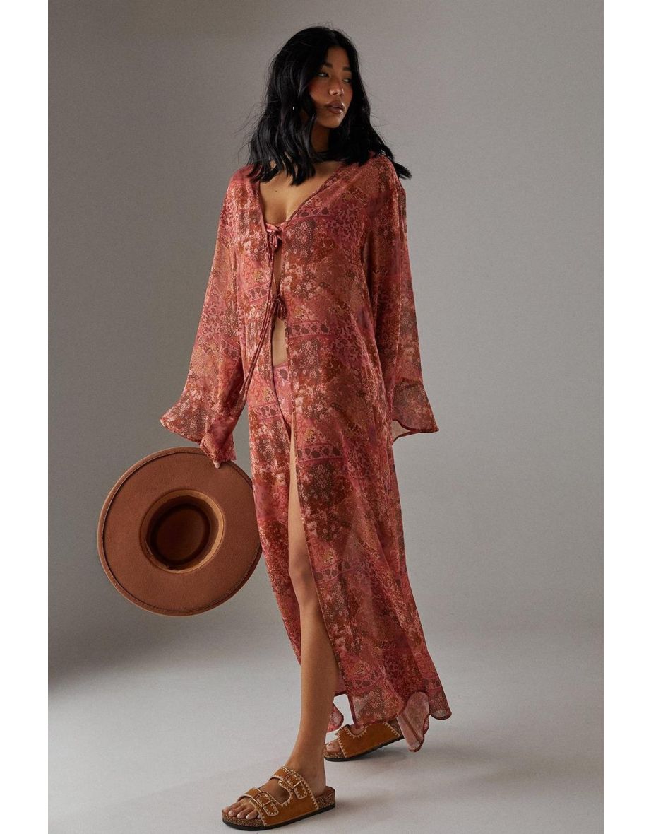 Printed Maxi Tie front Kimono - 3