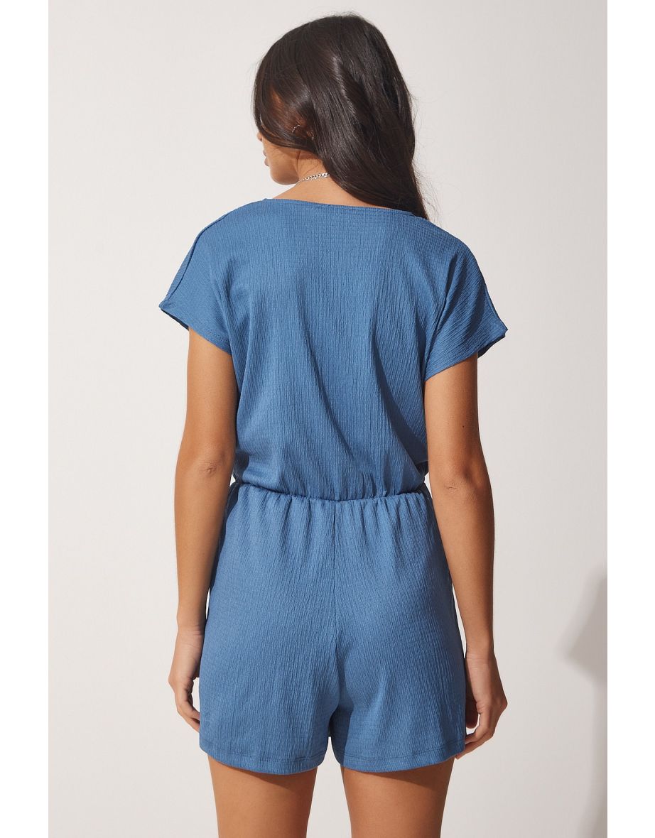 Women's Indigo Blue Wrapped Collar Short Knitted Jumpsuit with Shorts - 3