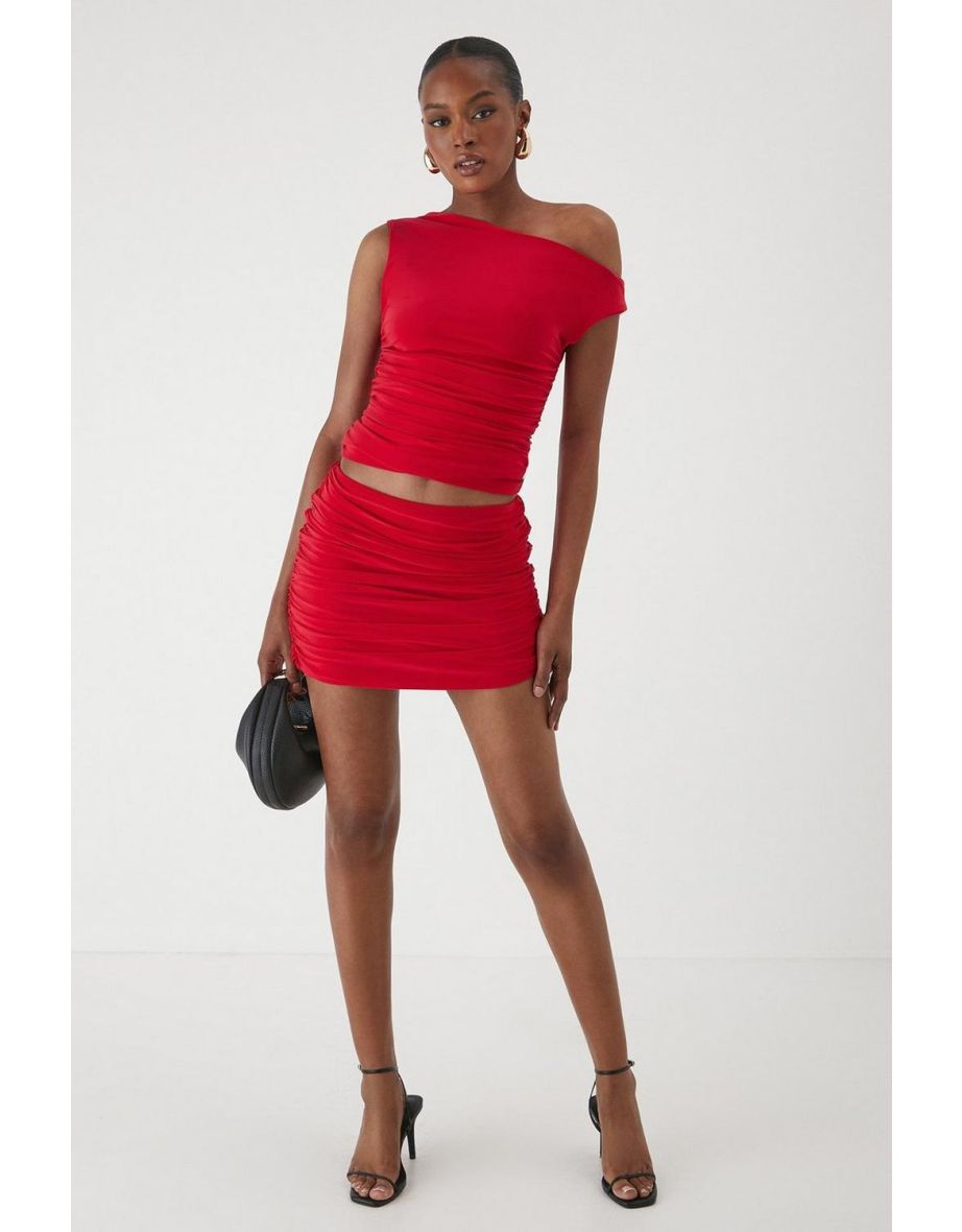 Ruched Waist Asymmetric Mini Skirt