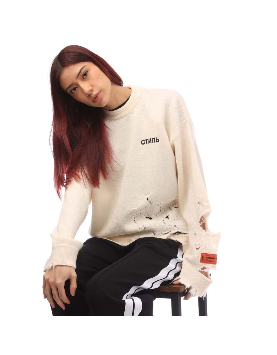 Women's Heron Preston Shredded Knitted Crewneck Sweater in White - 3