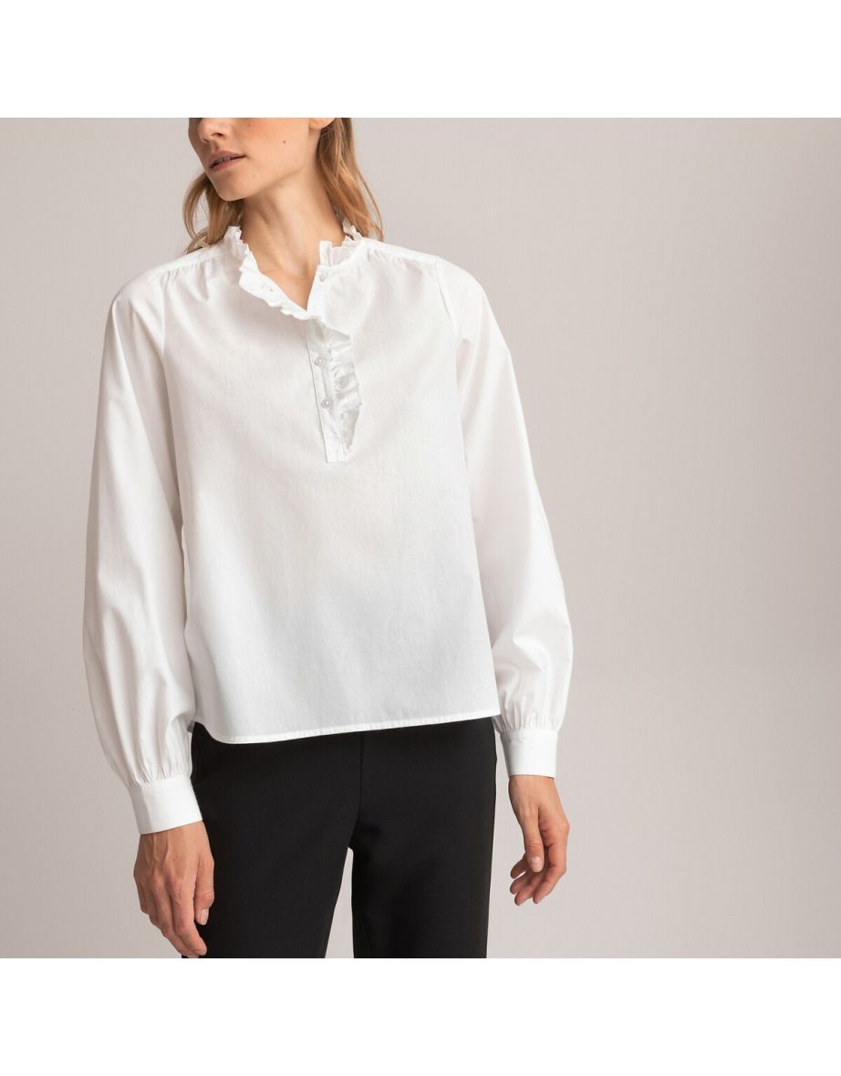 Cotton Victorian Collar Blouse with Ruffles and Long Sleeves - 4