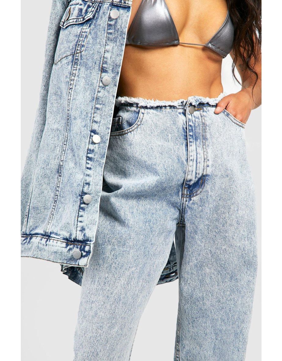 Fray Hem Waistband Wide Leg Jeans - mid blue - 3