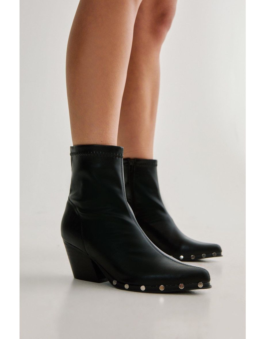 Studded Faux Leather Pointed Toe Ankle Boot - 1