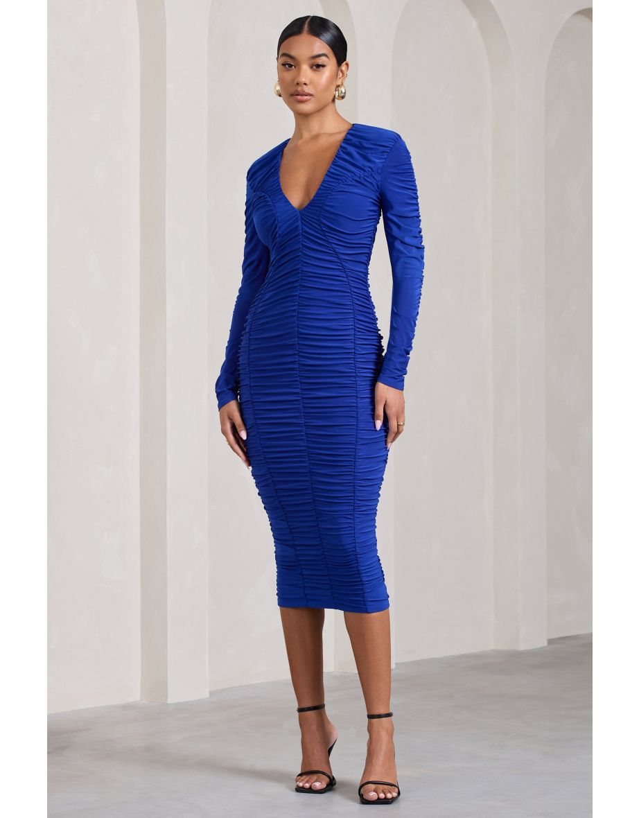 Elisabeth | Cobalt Blue Mesh V-Neck Long-Sleeved Maxi Dress - 4