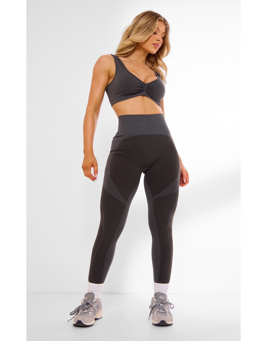 Deep Charcoal PLT Sport Seamless Ruched Front Open Back Plunge Sports Bra