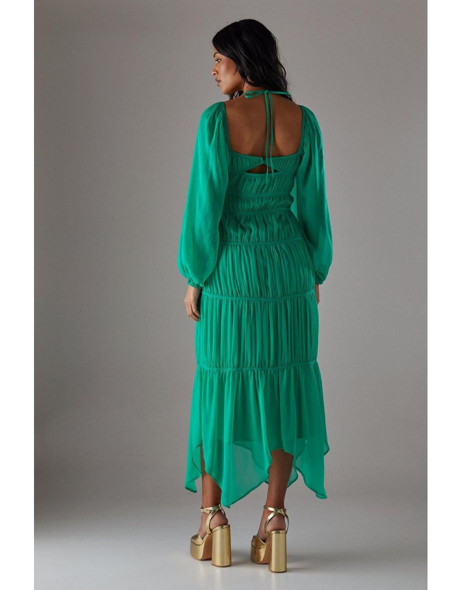 Chiffon Gathered Seam Halter Tie Hanky Hem Midi Dress - 3