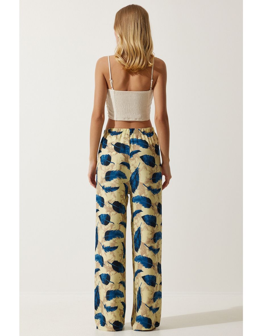 Women's Yellow Navy Blue High Waist Summer Wide Viscose Trousers - 6