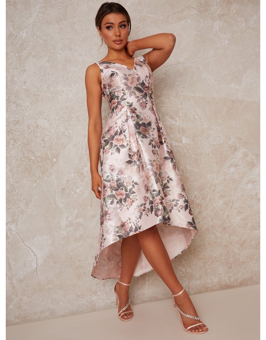 Sleeveless Floral Print Dip Hem Dress in Pink
