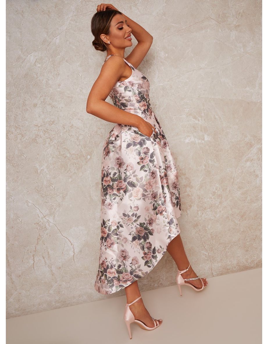 Sleeveless Floral Print Dip Hem Dress in Pink - 4