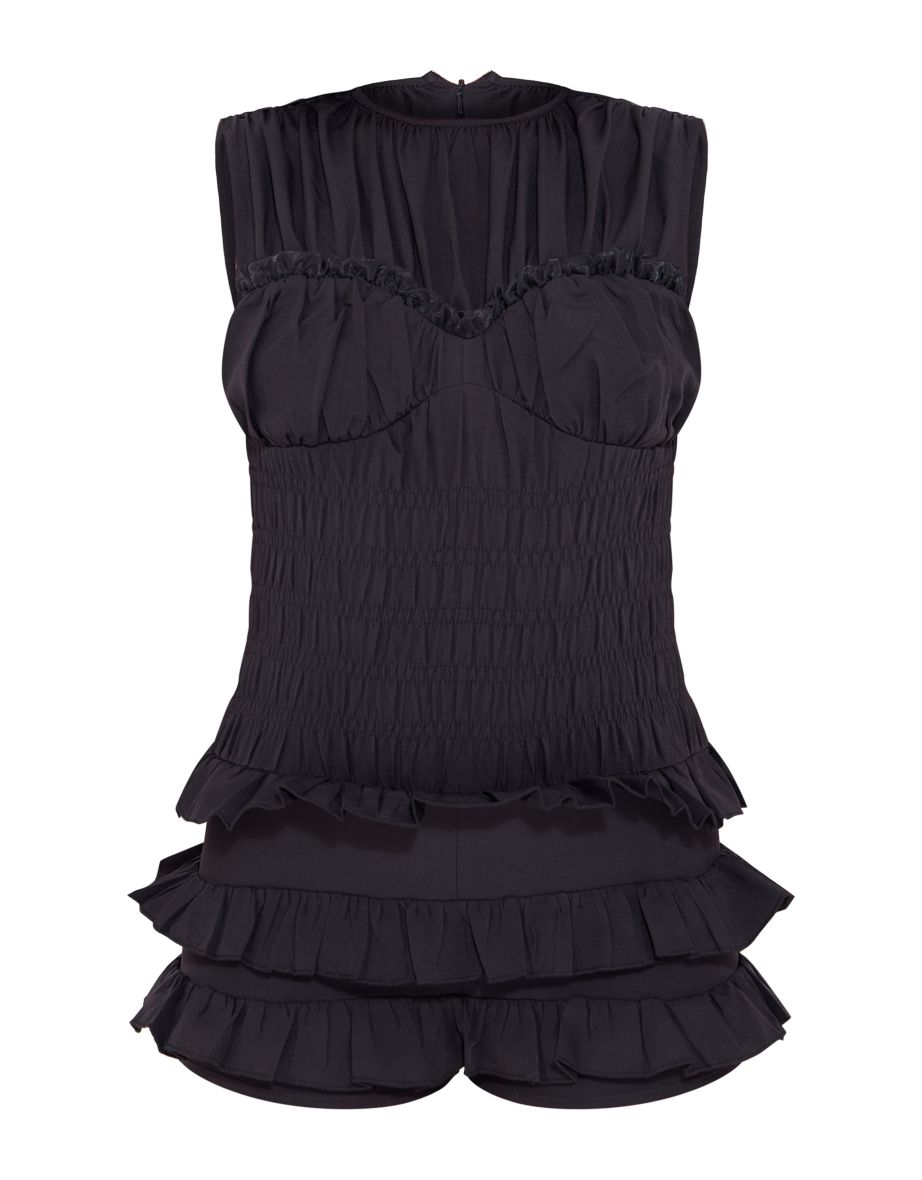 Black Woven Ruched Frill Short Bloomer Playsuit - 4