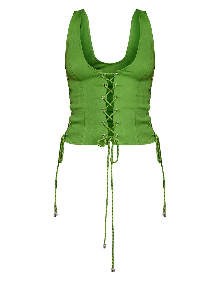 Bright Green Woven Lace Up Detail Plunge Sleeveless Top - 4