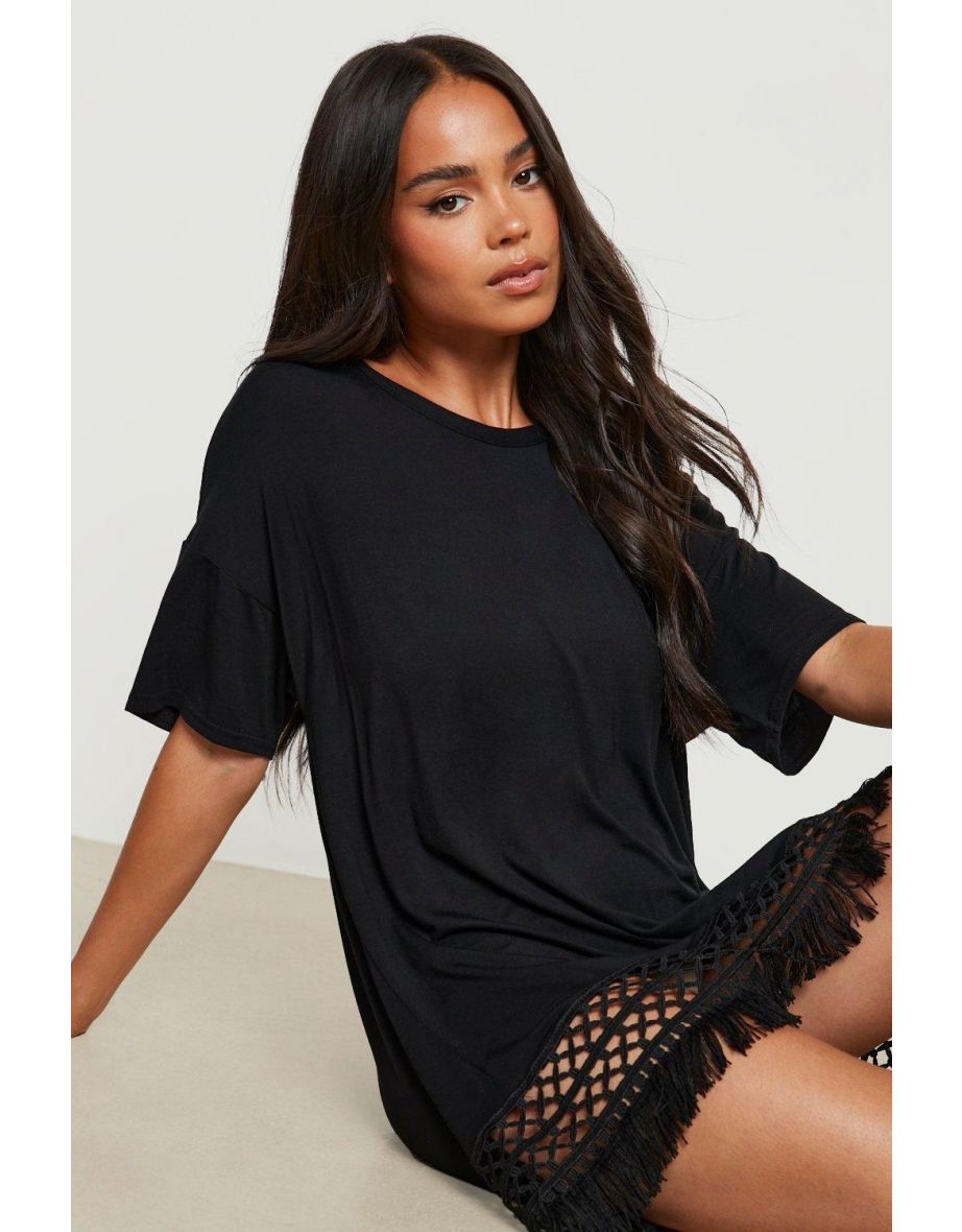 Petite Crochet Tassel Hem Beach Dress - black - 3