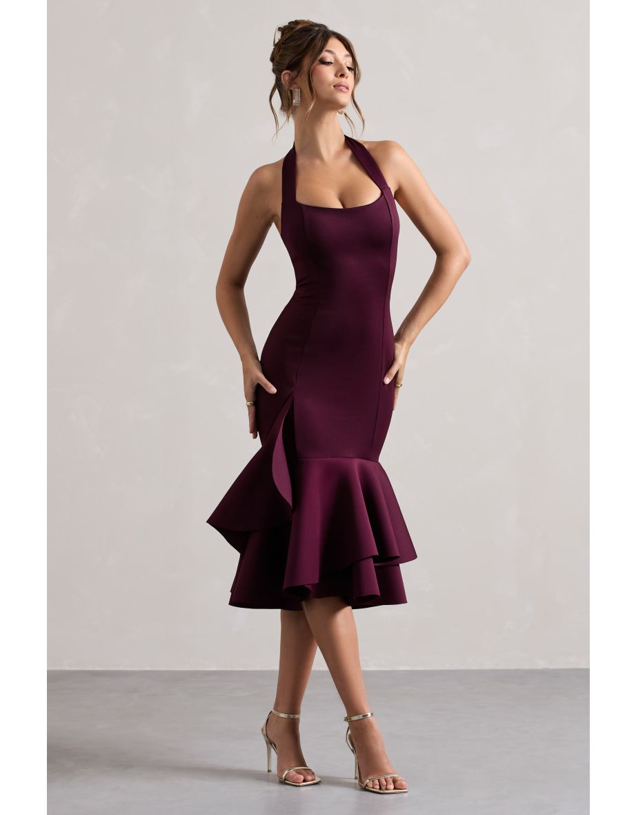 Arla | Plum Halter-Neck Ruffle Trim Midi Dress - 3