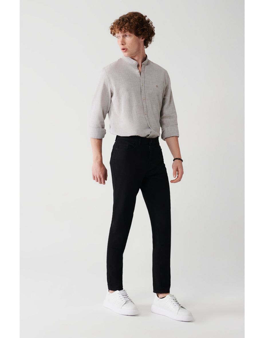 Men's Black Dobby Flexible 5 Pockets Slim Fit Slim Fit Canvas Trousers