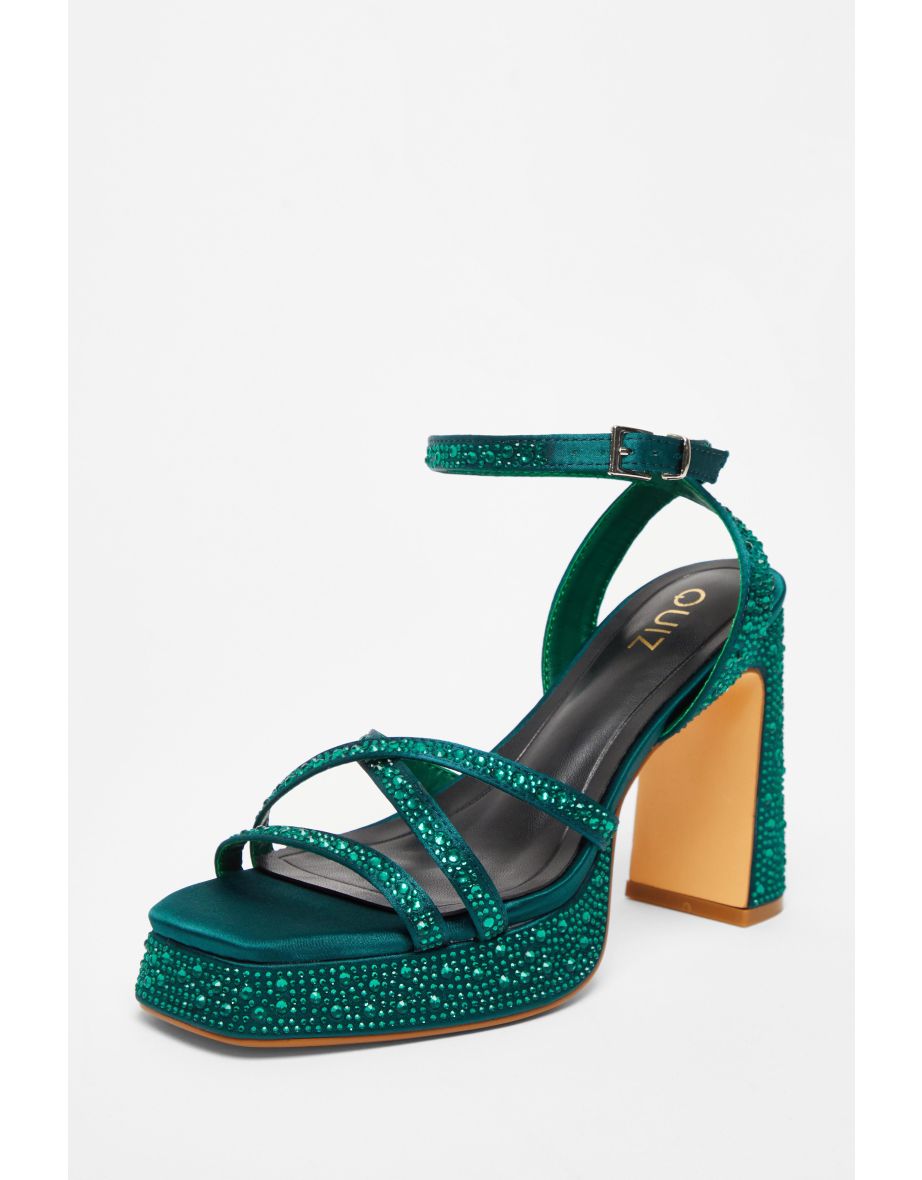 Dark Green Diamante Platform Heels