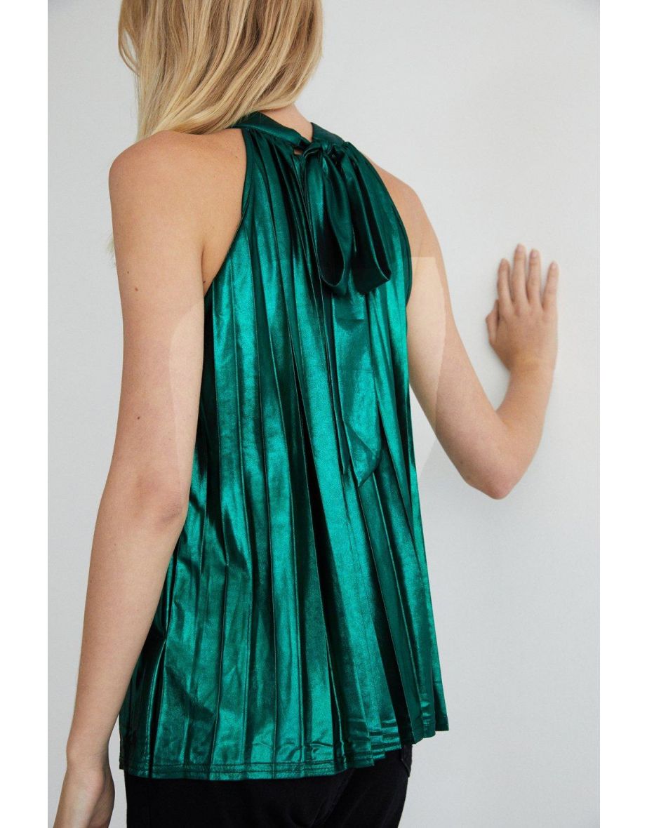 Metallic Lame Pleated Halter Neck Top - 2