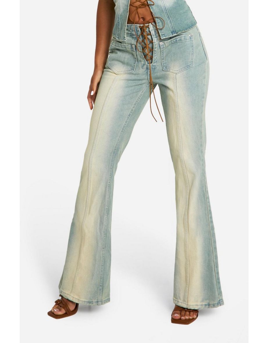 Lace Up Vintage Look Denim Flared Jeans - vintage blue - 3
