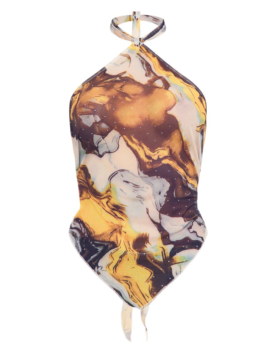 Brown Diamante Mesh Tie Back Handkerchief Top - 4