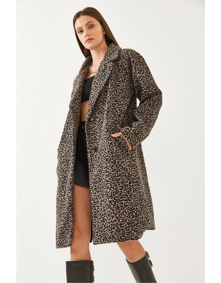 Women's Leopard Patterned Double Breasted Cashmere Coat - 7