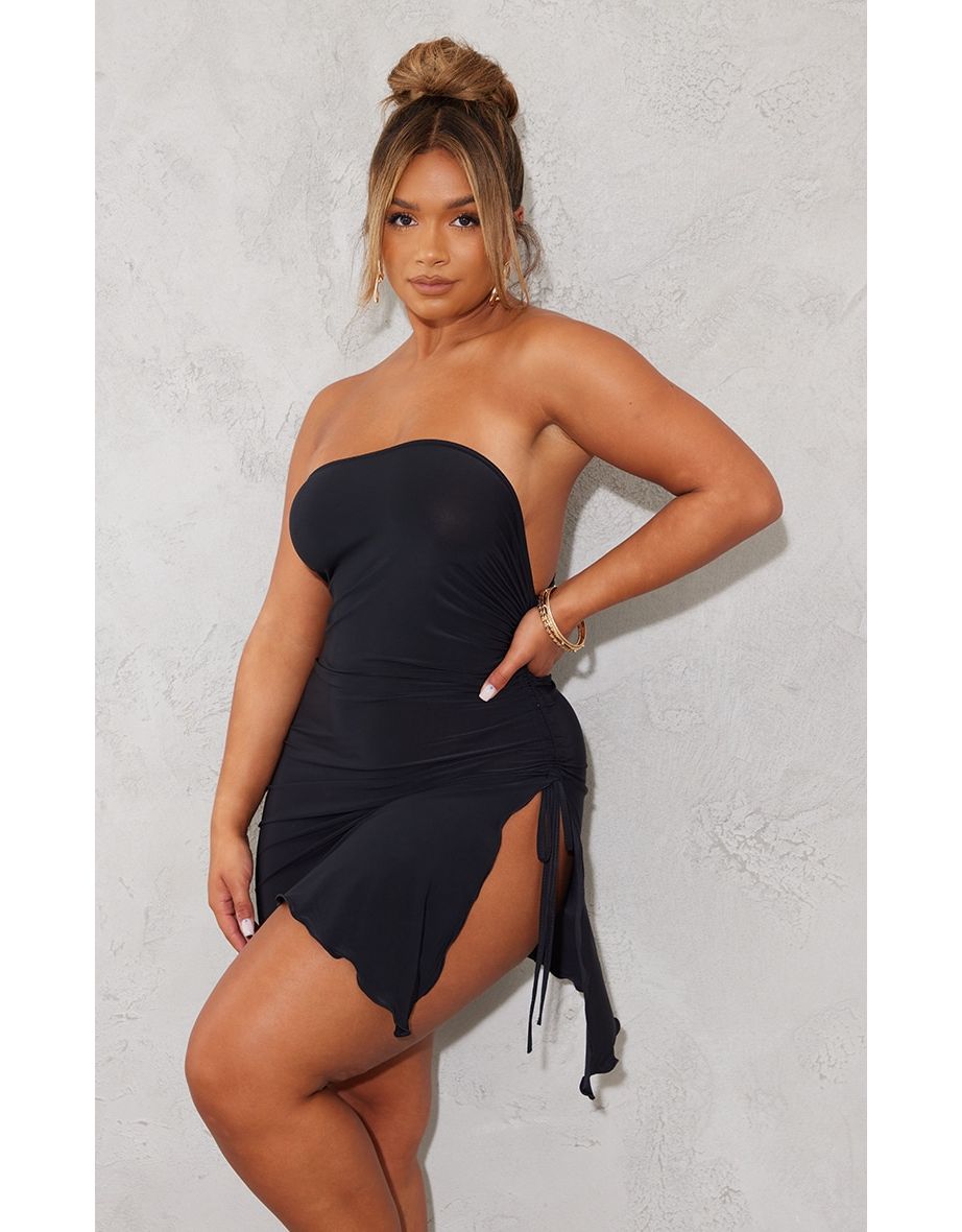 Shop Shape Black Slinky Bandeau Ruched Side Frill Hem Bodycon Dress Online  in Jordan | VogaCloset