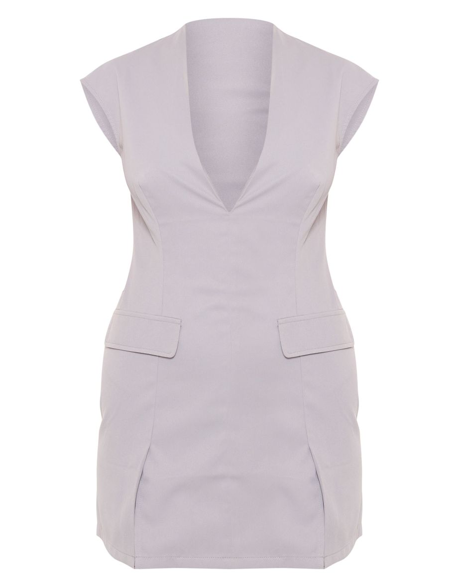 Grey Tailored Woven Pocket Plunge Dress - 4
