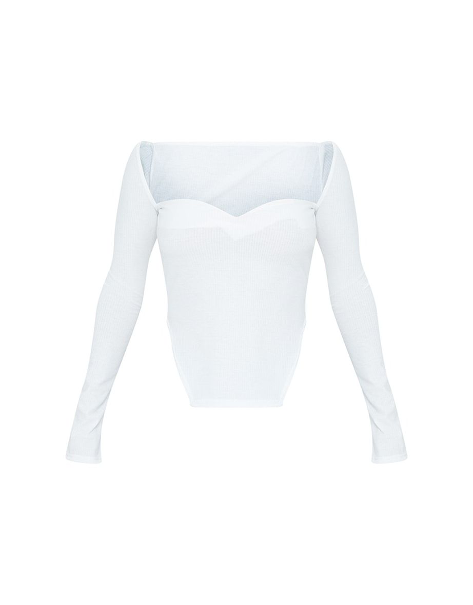 White Rib Sweetheart Neck Dip Hem Long Sleeve Top - 4