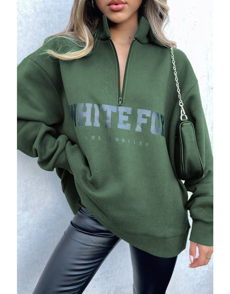 Khaki Zipper Detail Printed Sweatshirt - 1