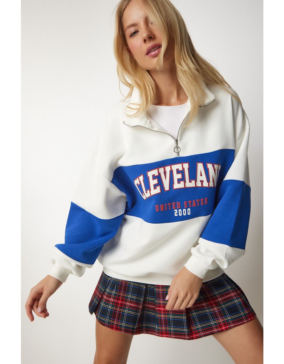 Women's White Blue Color Block Print Oversized Sweatshirt