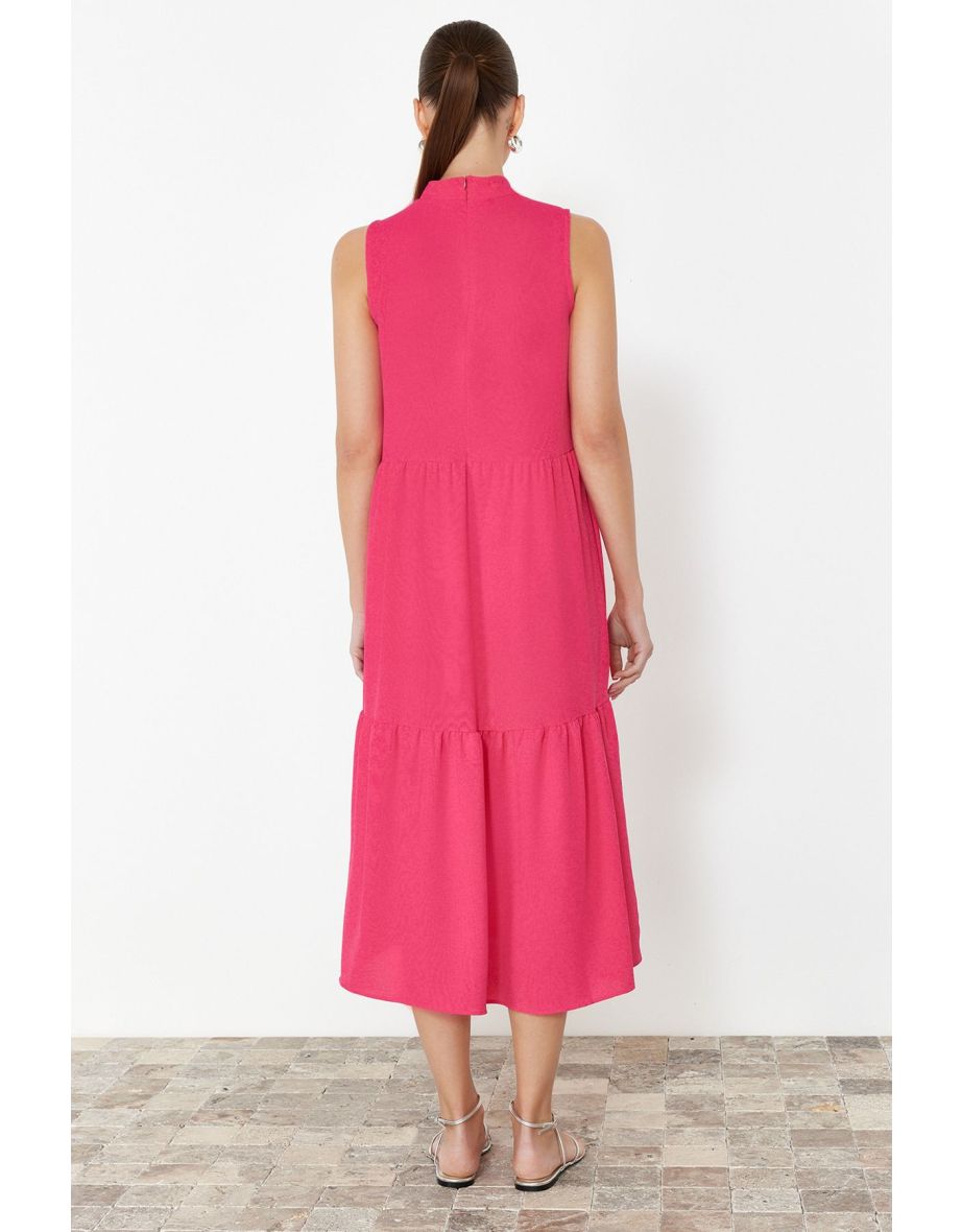 Fuchsia Claret Red Straight Cut High Collar Midi Aerobin Woven Dress - 7