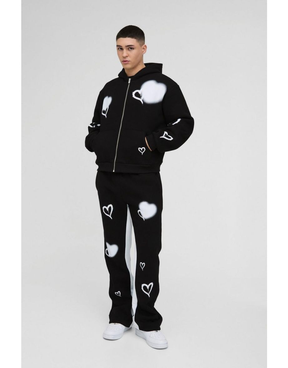 Oversized Boxy All Over Heart Printed Zip Through Hooded Tracksuit