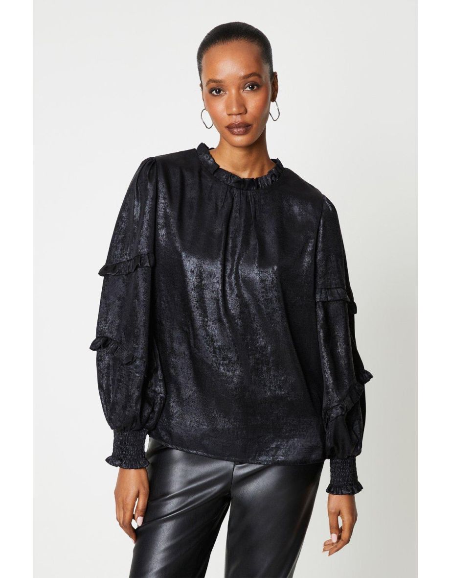 Foil Frill Long Sleeve Top - black