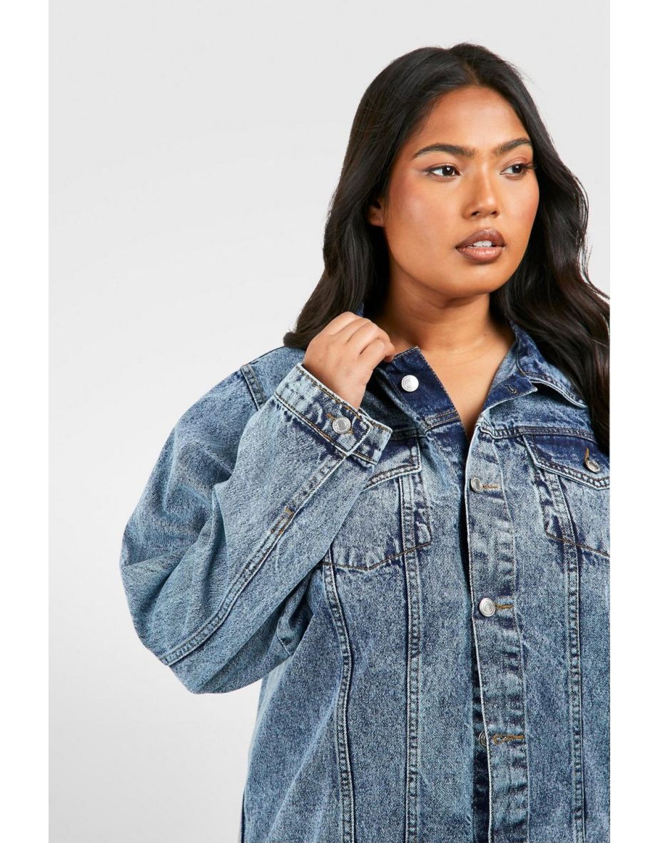 Plus Acid Washed Pocket Oversized Denim Jacket - acid wash dark blue - 3