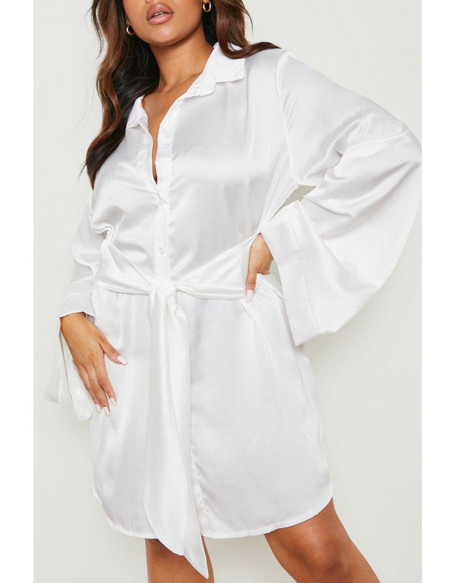 Plus Satin Wrap Shirt Dress - white - 3