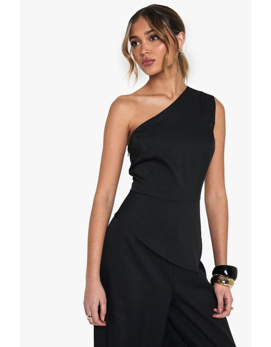 Tailored One Shoulder Wide Leg Jumpsuit - black - 3