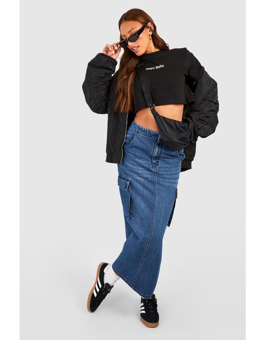 Tall Cargo Pocket Split Back Midaxi Denim Skirt - dark wash