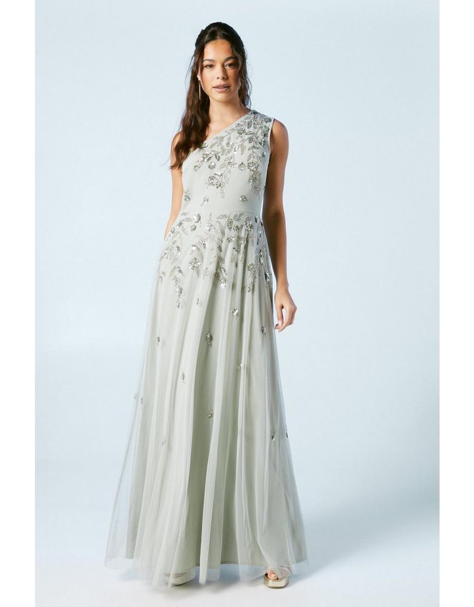 Trailing Foliage Embellished One Shoulder Bridesmaids Dress