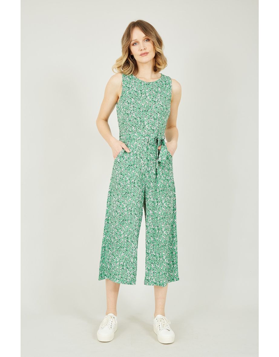 Mela Green Ditsy Flower Sleeveless Culotte Jumpsuit