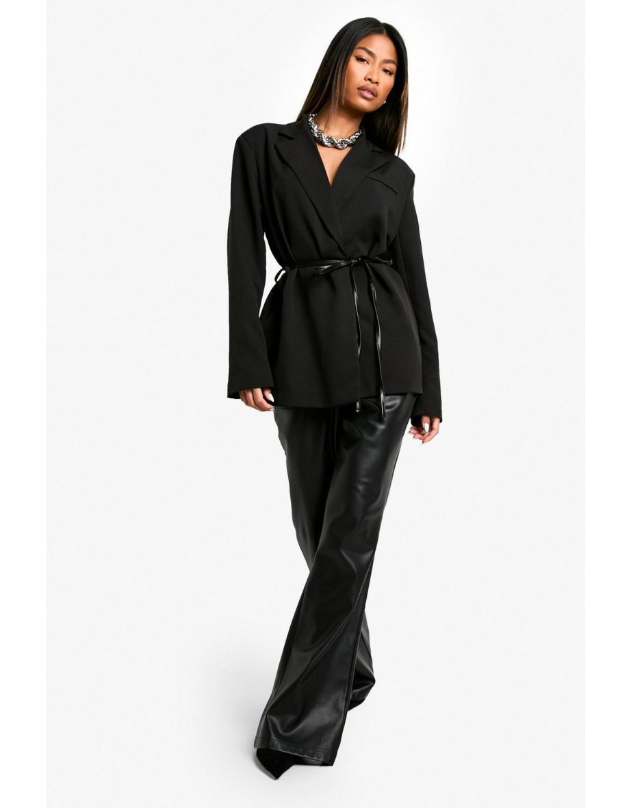 Marl Shoulder Pad Belted Blazer - black