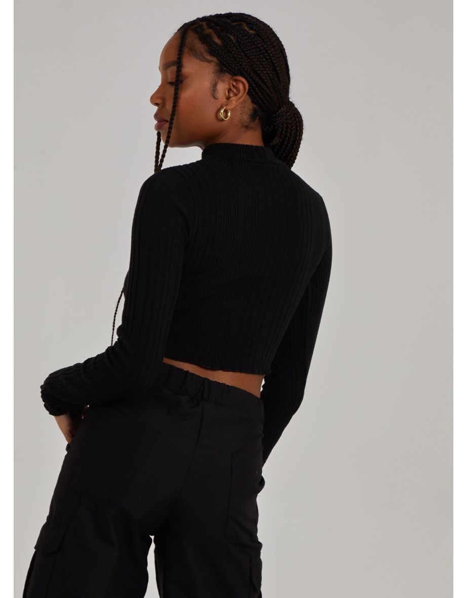 Wide Brushed Ribbed Lettuce Hem Long Sleeve Crop Top - 3