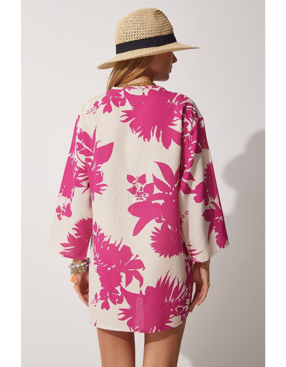Women's Beige Pink Patterned Linen Viscose Kimono - 6