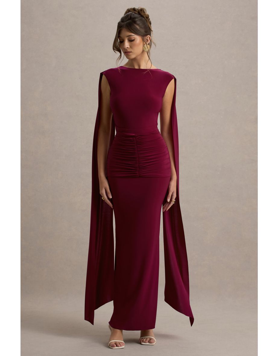 Saige | Burgundy Cap-Sleeve Gathered Maxi Dress